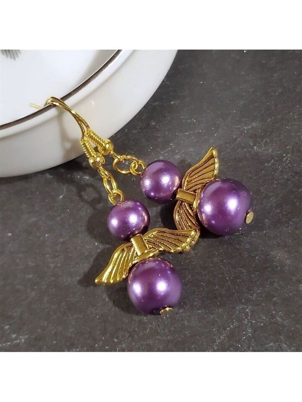 Little Guardian Angels Purple Gold Plated Glass Pearl Earrings